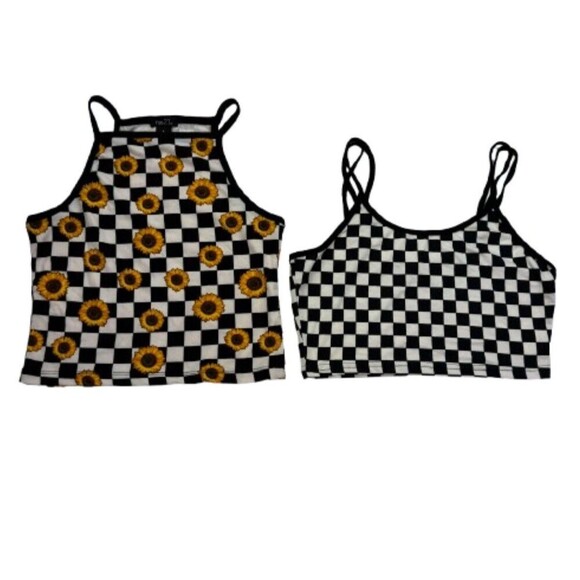 Black White Checkered Crop Tank Tops Set Size Small Y2K Rock Boho - Picture 1 of 15